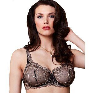 Lunaire 36D Bra Black Taupe Sevilla Embroidered Underwire Sheer Lace Mesh 14011